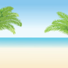 Obraz premium Beach scene with palm trees and ocean under clear blue sky illustration