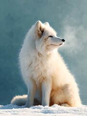 Obraz premium A beautiful white fox sitting in the snow under the cold sky