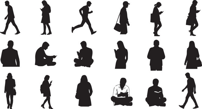 Black silhouette human figures performing various yoga and exercise poses yoga poses standing