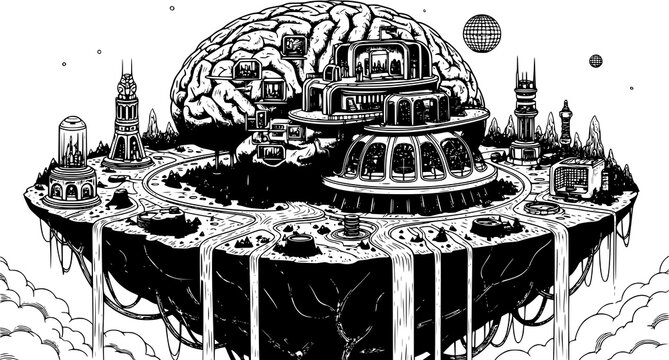 Floating island city with giant brain structure floating futuristic