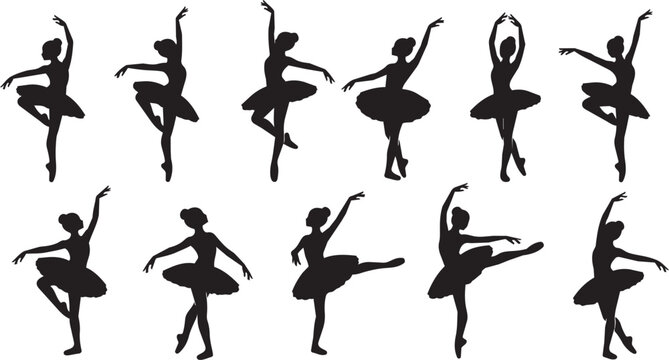 Black silhouette of ballerinas in various dance poses ballet dancer