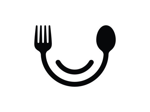 Black graphic design featuring a fork and spoon forming a cheerful smiley face.