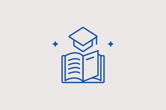 Graduation cap on an open book icon for academic success and lifelong learning. Inspirational vector illustration for scholarship applications and educational achievement awards.