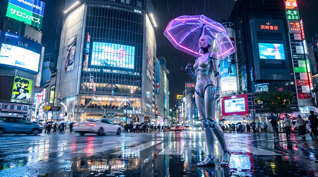 A futuristic female robot with a translucent umbrella walks through a rainy, neon-lit city street at night, reflecting the vibrant urban landscape