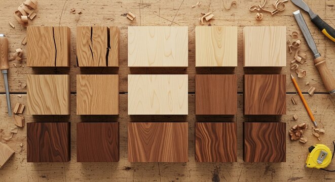 An organized grid of twelve square wood blocks showing different grain patterns and stains, surrounded by chisels and a measuring tape on a workbench