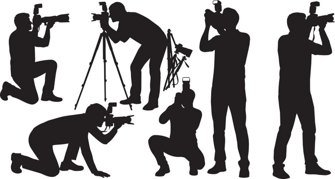 Black silhouette photographers with cameras and tripods outdoors at dusk black silhouettes