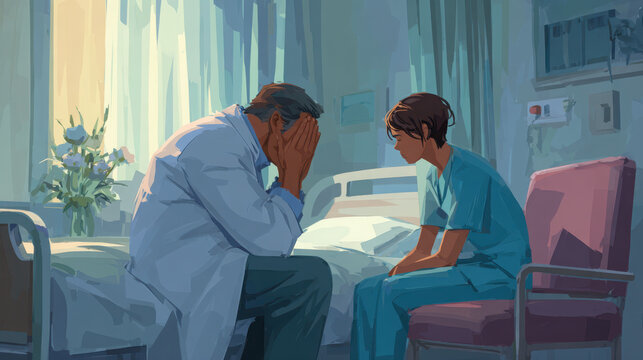 A doctor and nurse in a hospital room with a concerned expression on their faces