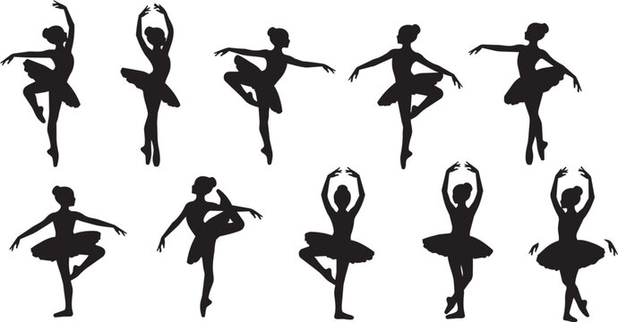 Black silhouettes of ballerinas in various dance poses ballet dancer