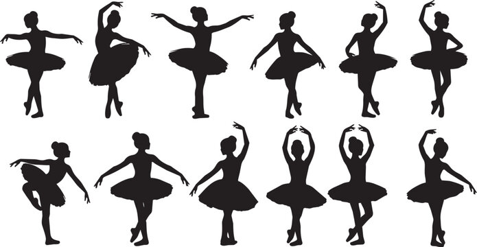 Black silhouettes of ballerinas in various dance poses ballet dancers pirouette