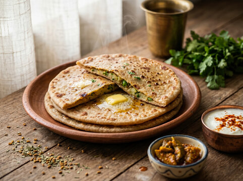 Homemade stuffed aloo paratha served with yogurt and Indian pickle
