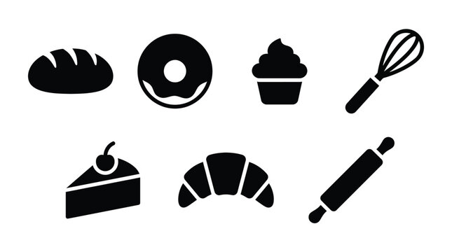 A collection of black silhouette icons depicting various baked goods like bread, donuts, cupcakes, cake, croissants, and baking tools such as a whisk and rolling pin.