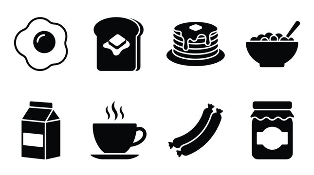 A collection of black and white silhouette icons depicting various common breakfast foods and beverages like eggs, toast, pancakes, cereal, milk, coffee, sausages, and jam.