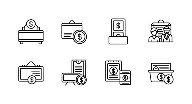 Finance and business icons: budget savings financial planning with business currency planning management investment analysis information document computer electronic technology illustration