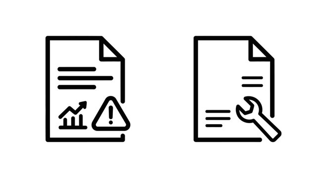 Incident summary and issue report icons: analysis and bug with incident analysis document increase computer software maintenance business information illustration minimalist