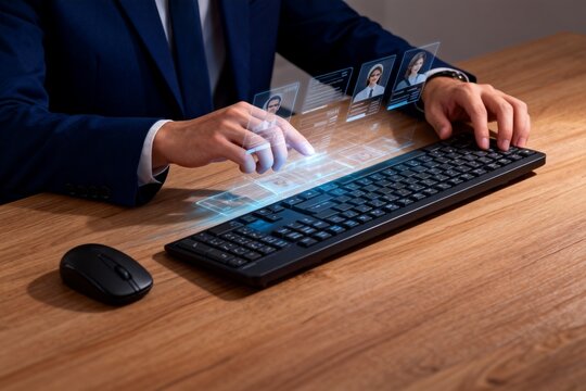 Businessman using touchless keyboard interface