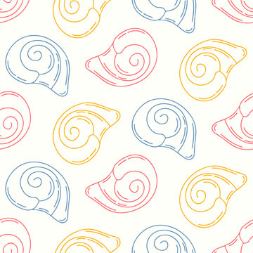 Seamless pattern of hand drawn seashells and conches on isolated background. Nautical design for summer textiles, beachwear, gift wrap, scrapbooking, nursery and coastal home decor.