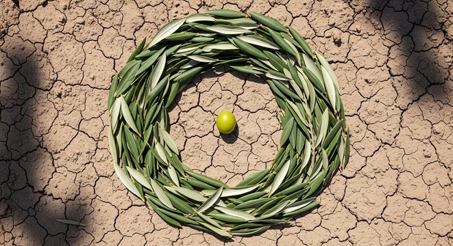 A ring made of olive leaves placed on parched, sun-baked soil. A single green olive is placed in the middle, representing life and resilience in a dry climate