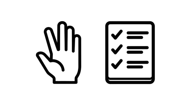 Hand raised and checklist icons with checklist complete approved selection question feedback questionnaire document progress confirmation verification agreement illustration communication
