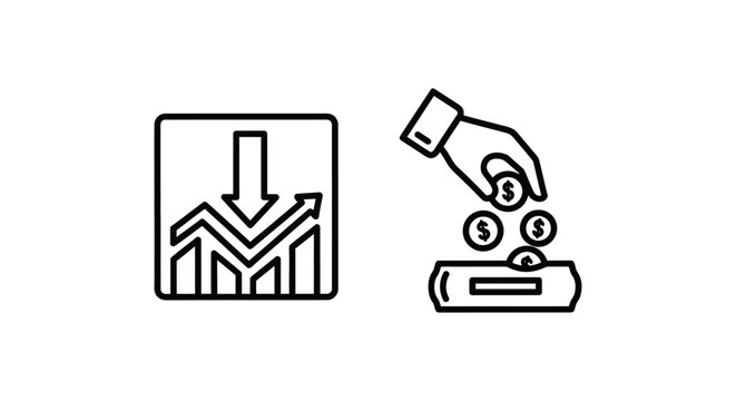 Liquidity allocation icons showing financial graph and coins being dropped into slot with liquidity allocation investment transaction financial analysis downward withdrawal receiving planning