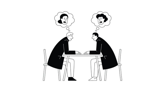 Two men discussing at a table, each contemplating a different womans distinct perspective