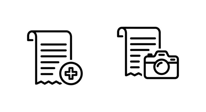 Receipt upload and receipt photo icons with plus sign and camera document illustration transaction shopping purchase accounting management technology confirmation information statement