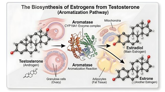 Biosynthesis of Estrogens from Testosterone via Aromatase Pathway &ndash; Detailed Diagram of Androgen to Estradiol and Estrone Conversion Showing Ovarian, Adipose and Peripheral Tissue Enzymatic Reactions
