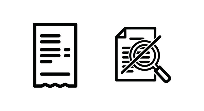 Receipt and search icons with prohibition document magnifying forbidden prohibited restriction limitation negative disapproved rejected verification assurance business