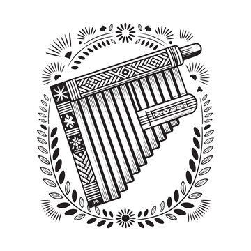 inti raymi peru andean pan flute woven pattern woodcut vector illustration
