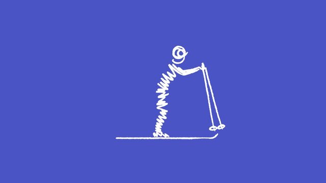 Horizontal 4K video. Line art cartoon blue skier rides ski down white snow mountain, performing trick over hill on blue background. Doodle loop animation. Athlete man skis, slides down slope