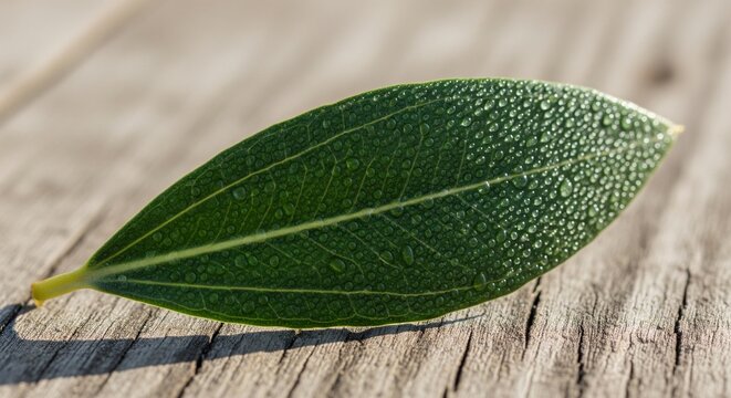 Detailed macro photography of a green olive leaf with morning dew on a wooden background, showing leaf veins