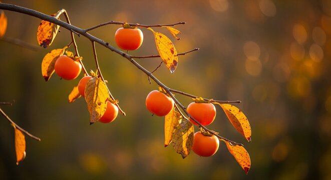Bright orange ripe persimmons hanging on a tree branch with autumn yellow leaves against a soft bokeh sunset background