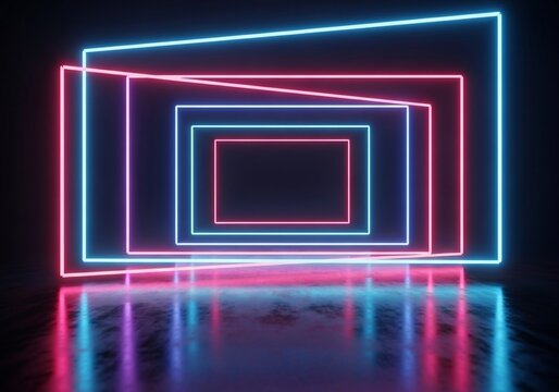 ネオン光る幾何学的なトンネル、反射する床、サイバーパンクな雰囲気
