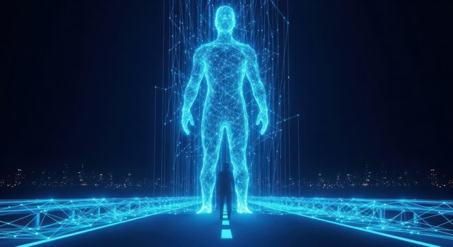 A blue humanoid figure standing on a futuristic platform illustration