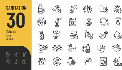 Set of 30 sanitation and hygiene editable line icons Vector © PICTURE GALLERY