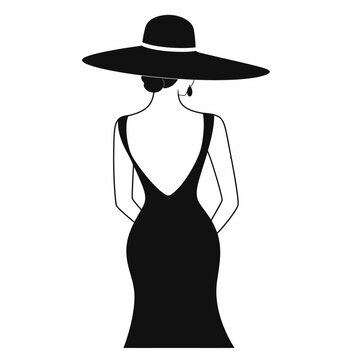 Minimalist vector illustration of an elegant woman wearing a wide brimmed hat and a backless evening dress.