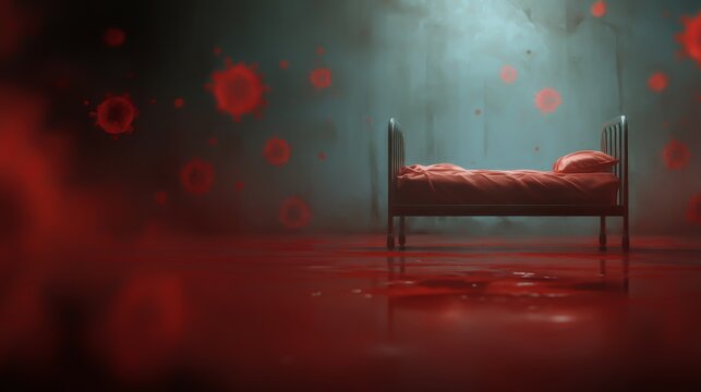 Empty Hospital Bed Surrounded by Red Virus Particles