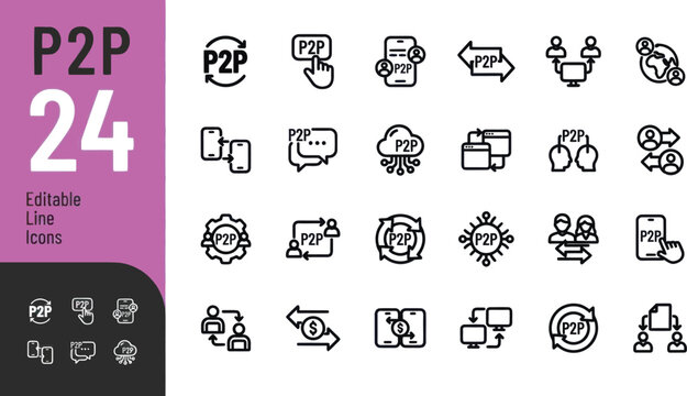 Set of p2p peer to peer connection and network line icons Vector