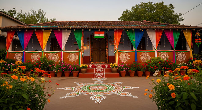 House exterior decorated with vibrant colorful fabric drapes and intricate rangoli floor patterns celebrates traditional Indian cultural festivities during a bright sunny afternoon at home.