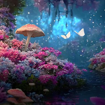 Fantastical image mushroom pink purple flowers butterflies