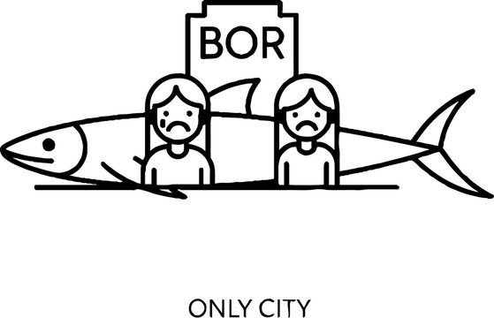 Conceptual Line Art Illustration of People with Fish and Signs