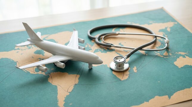 International Medical Evacuation and Patient Repatriation Services Concept with Toy Airplane and Stethoscope on World Map