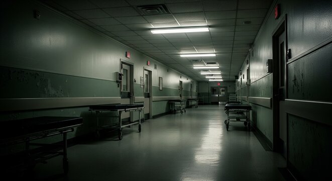 Empty dark hospital hallway with green walls and dim lights