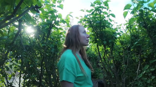 Woman in green nature mental health happiness concept