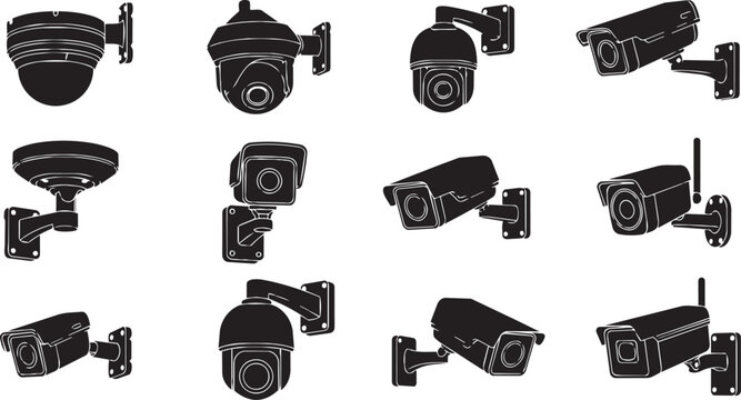 Nine black and gray security camera models isolated on white background surveillance camera