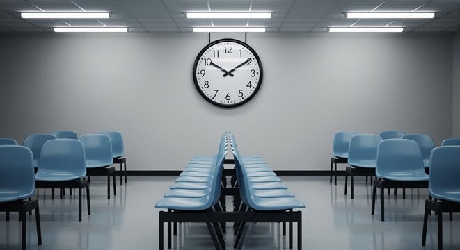 Modern waiting area with blue chairs and large clock