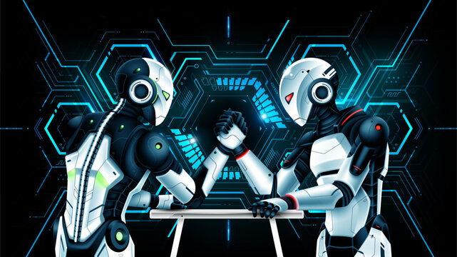 Futuristic AI robots arm wrestling against a high-tech digital background representing artificial intelligence competition, vector illustration