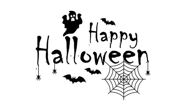 Happy halloween script font lettering with spider web ghost bat and hanging spiders isolated on white background festive party design element for holiday invitation cards posters apparel graphic.
