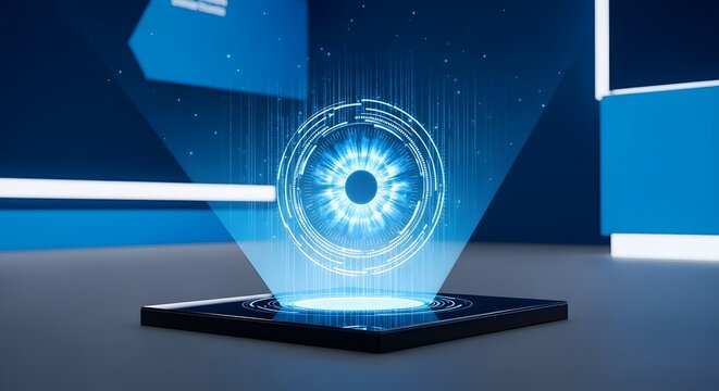 Futuristic holography display iris scan technology and digital security concept