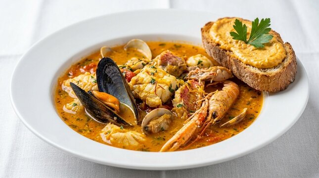 Bouillabaisse Marseillaise, Proven&ccedil;al fish stew rouille toast saffron broth, white background studio photo, gourmet French cuisine, professional food photography, commercial stock image