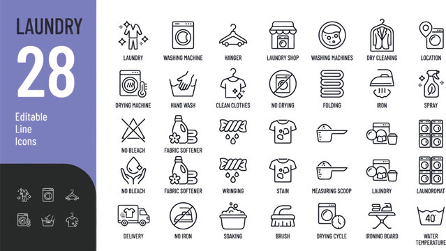 Set of 28 laundry and washing machine line icons Vector